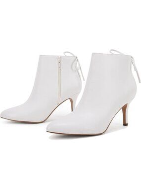 Women's White Pointed Toe Kitten Stiletto Heels Bowtie Strappy Ankle Boots